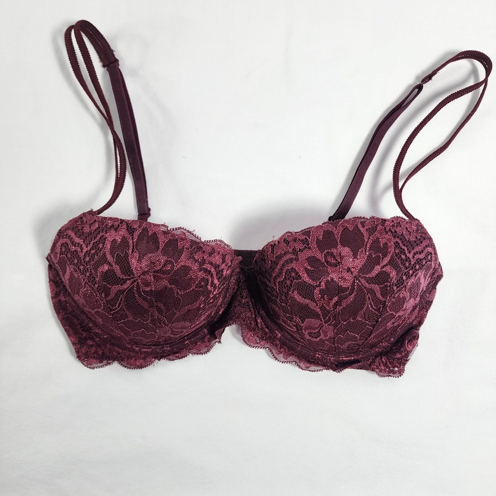 Victoria Secret PINK Date Push Up Lace Bra 32C Underwire Floral Burgundy Floral